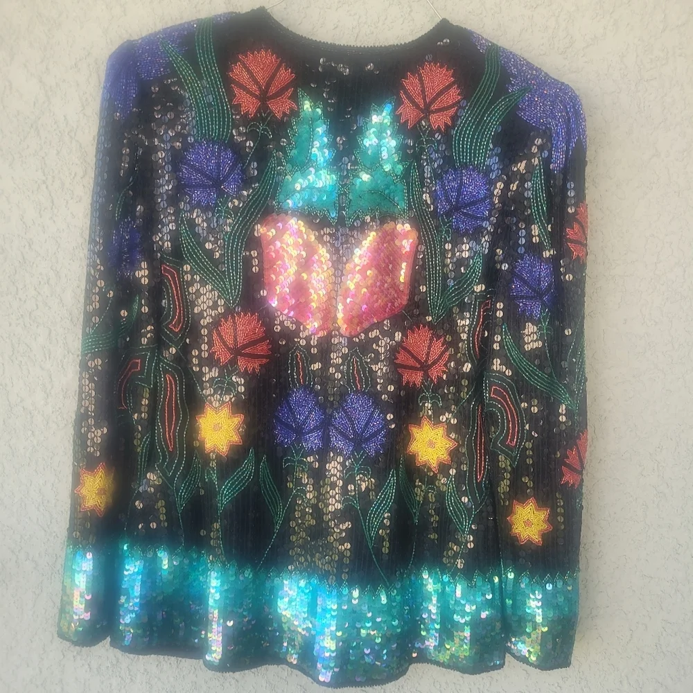 Scala Vintage Colorful Beaded  Floral Silk Statement  Jacket - Picture 7 of 10